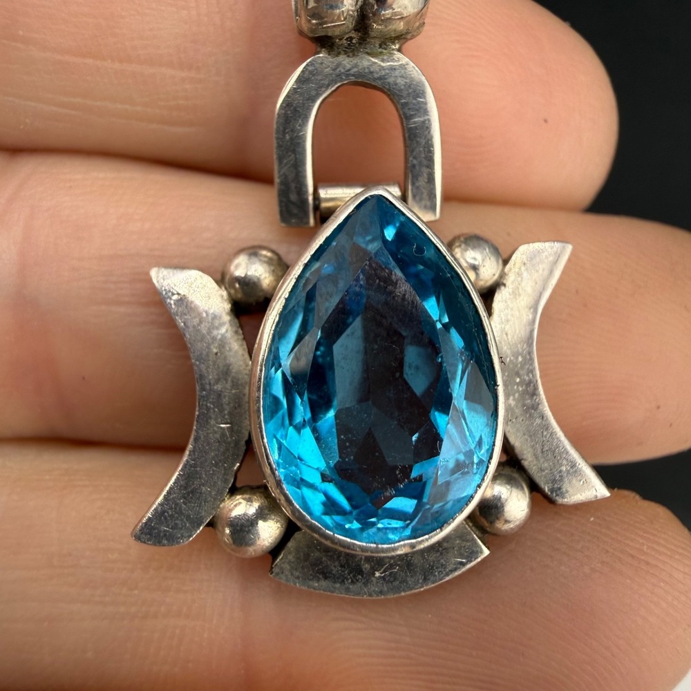 Vintage Estate Pendant Silver Aqua Blue Triple Moon Goddess Pear Cut 925